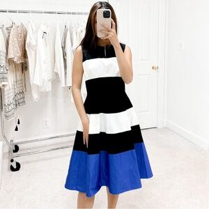 Elegant Black, White, and Blue Striped Dress